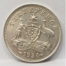 AUSTRALIA 1934/3 . THREEPENCE . SUPREME OVERDATE . FULL 8 PEARLS